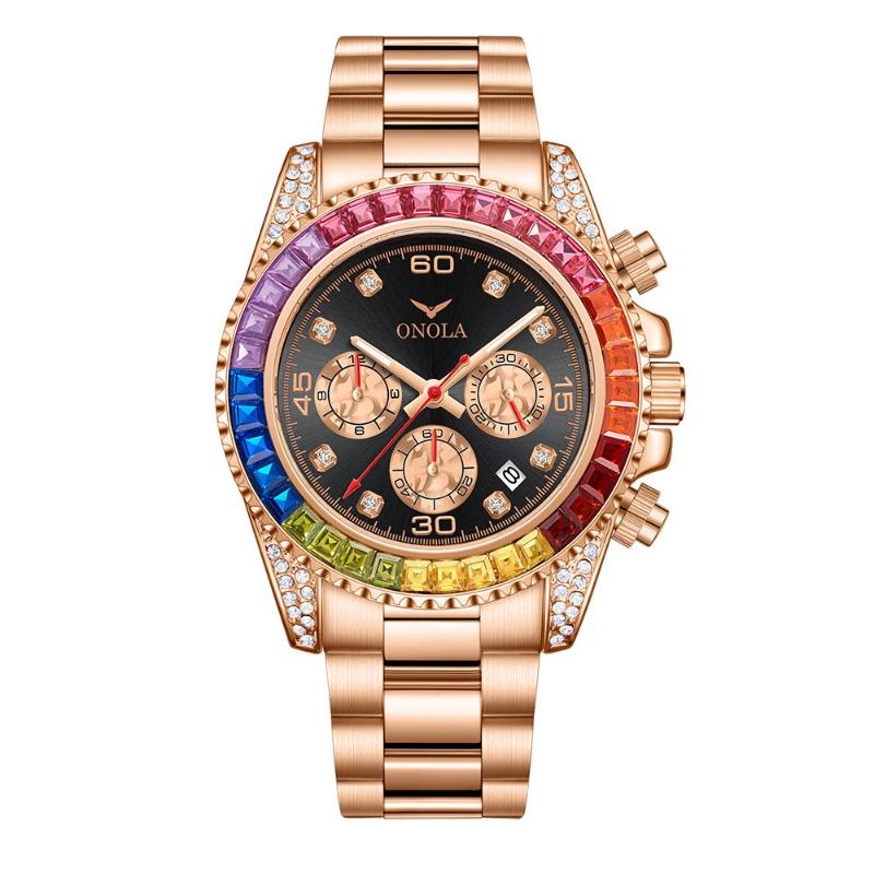 Fashion New Top Brand Business Gold Watch Waterproof Solid Core Fine Steel Band Rainbow Drill Men's Watch