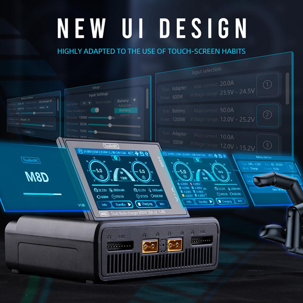 Умное зарядное устройство ToolkitRC M8D, 2-канальное, сенсорный экран, двойной канал, DC 800 Вт*2, 30 А, 1-8S, быстрая зарядка литиевых аккумуляторов, для RC моделей автомобилей, FPV