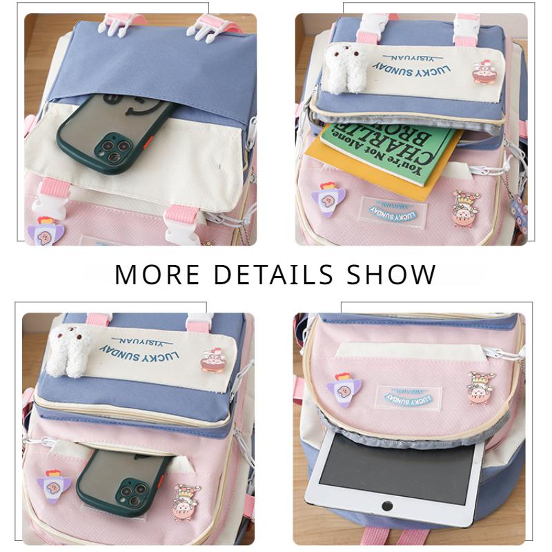 Middle School Boys and Girls School Bags Fashion Canvas Color Blocked Primary Student Backpack 5 Pcs Set Satchel with Tutoring Bag