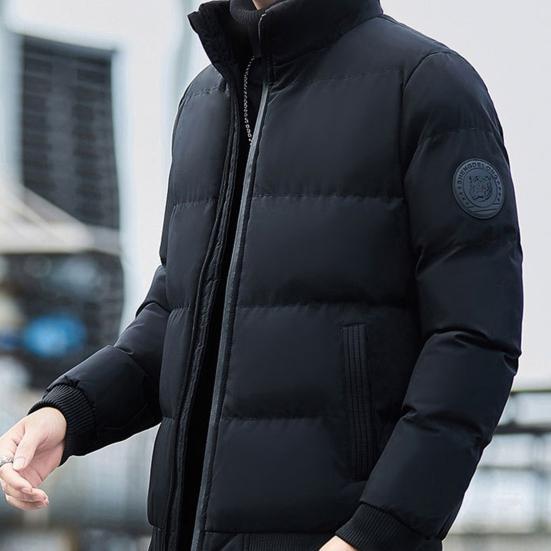 Men Down Jacket Stand Collar Long Sleeve Zipper Closure Jacket Elastic Hem Solid
