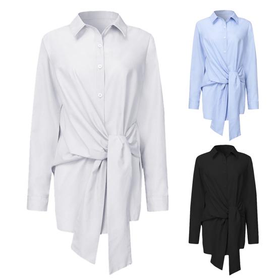 Женская мода Отложной воротник Шнуровка на талии Пуговицы Асимметричная рубашка Блузка