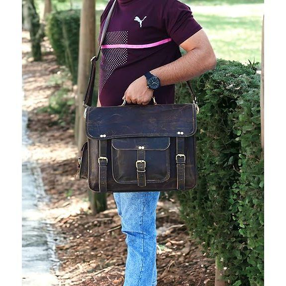 New 16 Inch Leather Messenger Bag for Men Handmade Vintage Laptop Computer Shoulder Brown Office Briefcase