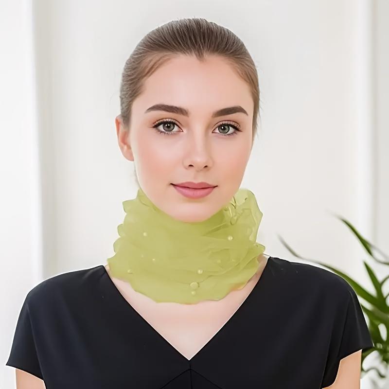 Fashionable Four-Season Nylon Mesh Scarf Adorned with Lace And Pearl Decorations, Providing Lightweight And Transparent Neck Protection.