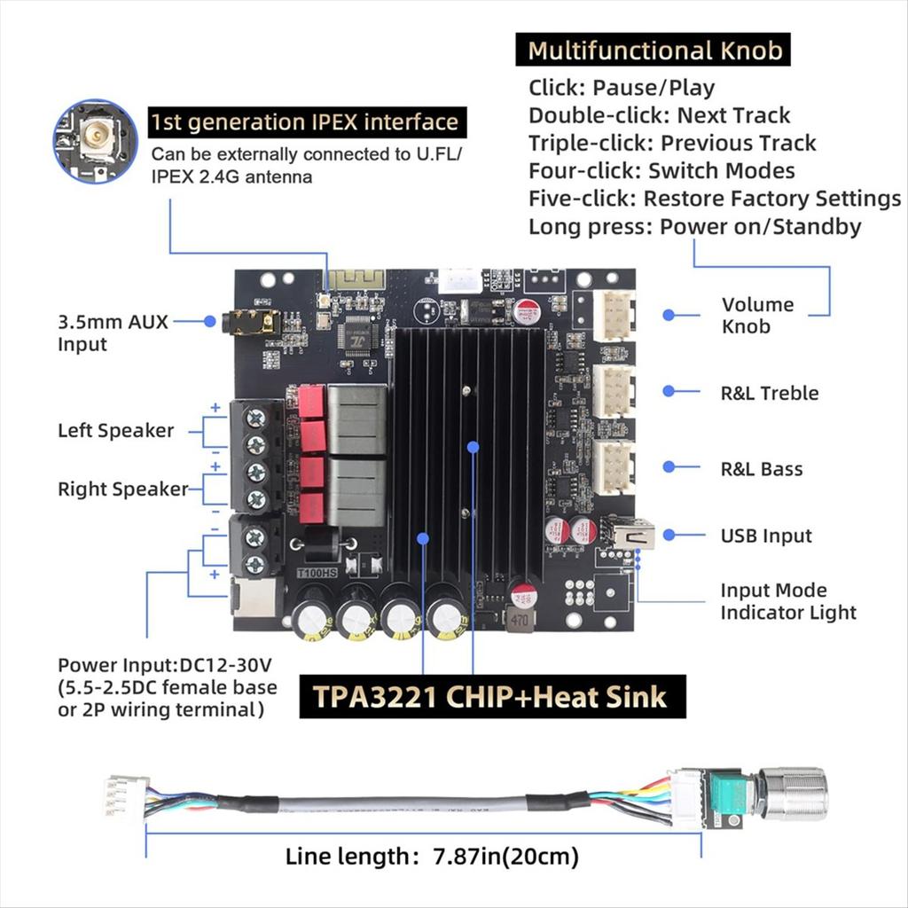 T100HS-W Плата усилителя мощности Bluetooth 5.2 Чип TPA3221 2.0 Канал 100 Втx2, Аудиоусилитель с передней панелью