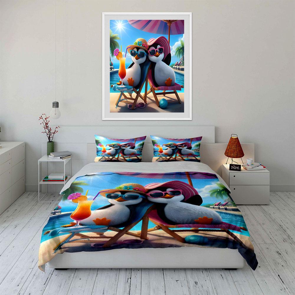 "Penguin Summer Relaxation Set" Bedding Set with 1 Duvet Cover 2 Pillowcases Single Double King Queen, Gift