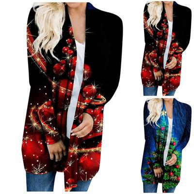 Женская модная повседневная куртка-кардиган с рождественским принтом средней длины, пальто