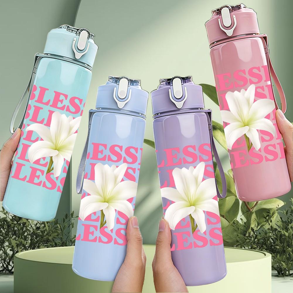1PC Repeated Blessed Pink Letter Art 750ml Color Plastic Sports Water Bottle Leakproof Flip Straw Lid Suitable for Sports Office Home Use