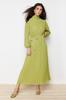 Women's Fashion New Hijab Evening Dress Oil Green Pleated Woven Lined Chiffon Dress
