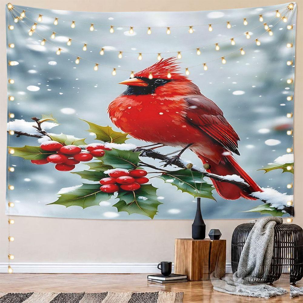 Red Cardinal on Snowy Holly Branch Pattern Wall Hanging Tapestry Decorative Tapestry Home Decor for Bedroom and Living Room