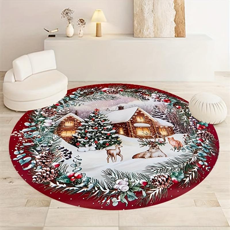 1Pcs Christmas Snowman Pattern Round Area Rug Indoor Non-Slip Washable Fiber Carpet Soft Comfortable Mat For Bedroom Living Room