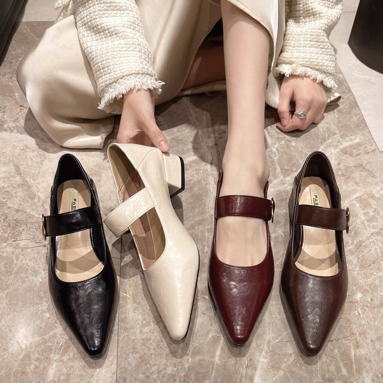 Туфли-лодочки с острым носом и неглубоким вырезом, женские, на среднем каблуке, новые весенне-осенние 2025 года, с французским темпераментом, на толстом каблуке, туфли Мэри Джейн в стиле ретро, маленькие ле