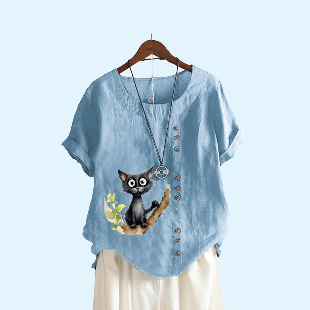 Женская свободная льняная блузка, женская модная летняя повседневная футболка с круглым воротником и принтом кота