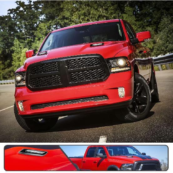 2Pcs White&Amber LED Hood Scoop Light for 2010-2018 Ram 1500 Sport Hood Air Flow Vent Grille Lamp with DRL Turn Signal Lights Functions Smoked Lens