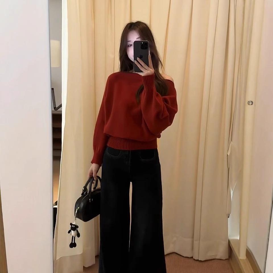 Asymmetrical One-Shoulder Gray Knit Sweater - Women's 2024 Autumn Loose-Fit Pullover