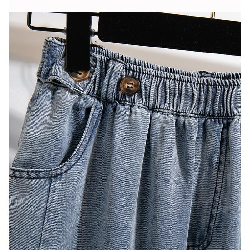 Весна Осень Новые джинсы с эластичной талией женские большие размеры модные шаровары с двойным карманом универсальные свободные брюки длиной до щиколотки