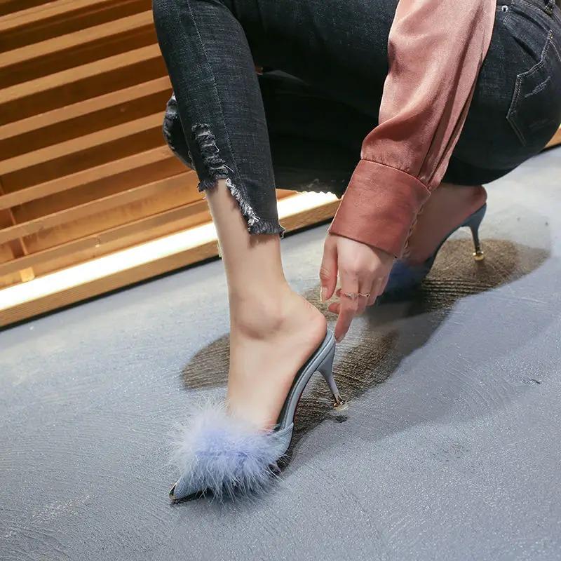 Fur Slippers Woman High Thin Heels Woman Shoes Sexy Pointed Top Outdoor Slides Fashion Summer House Slippers Flip Flops Sandals