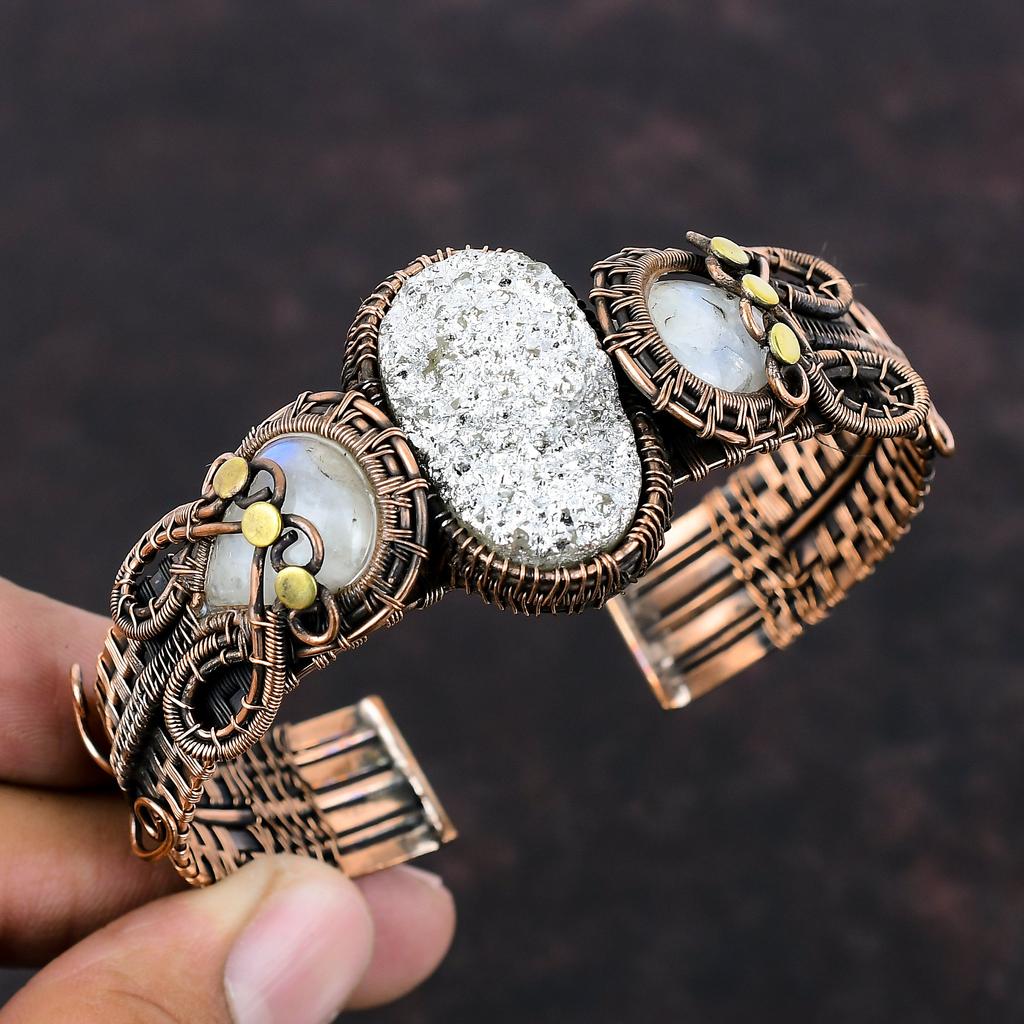 Silver Druzy Bangle Gemstone Cuff Bracelet Copper Wire Wrapped Rainbow Moonstone Bangle Adjustable Cuff Bracelet Handmade Jewelry For Gift