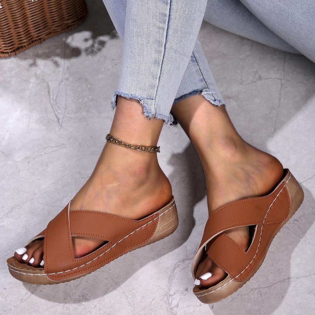 Simple Casual Wear-resistant Non-slip Thick-soled Heightening Slippers Summer New Fashion Cross Wedge Slippers for Women