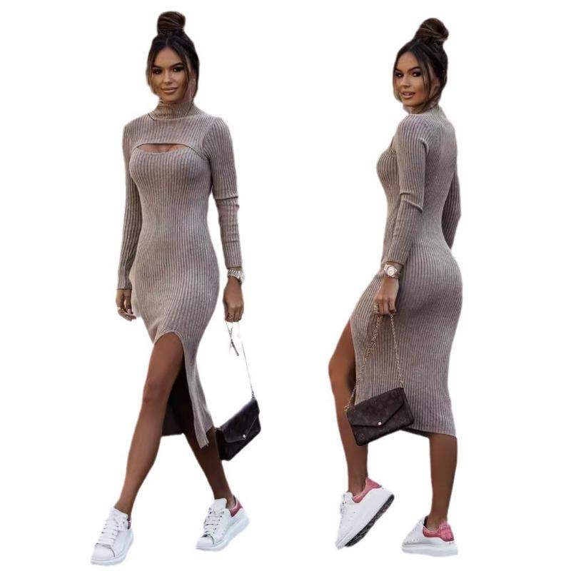 Autumn and Winter Women's Solid Color Hollow-cut Dress