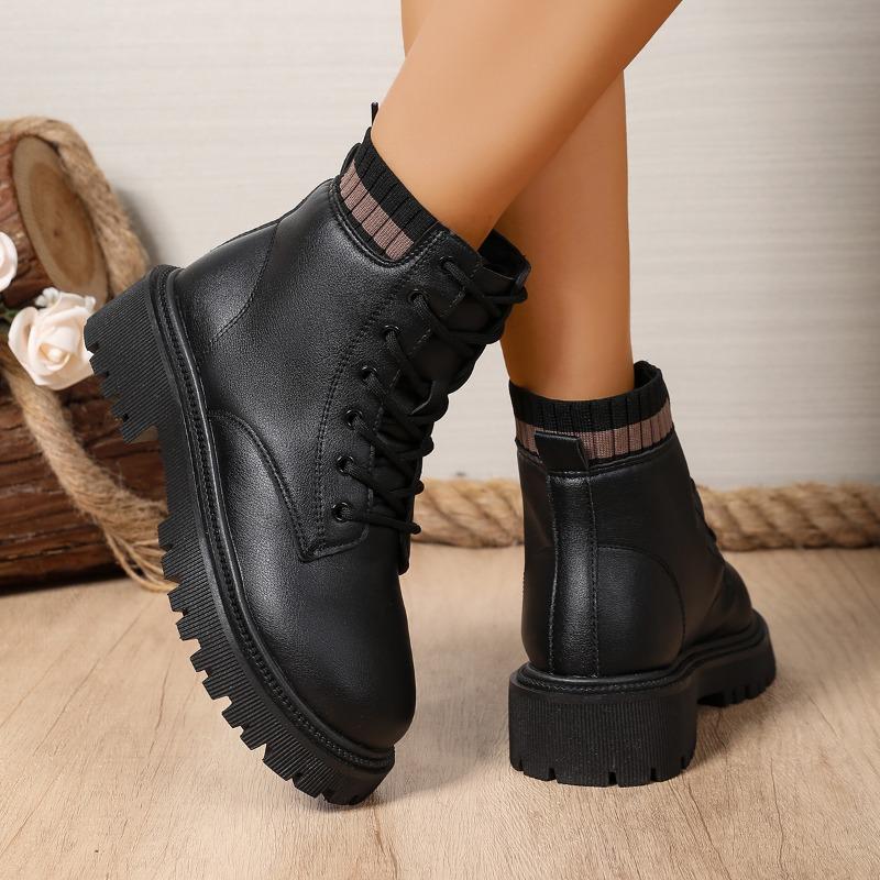 Полусапожки до бедра Осень Новые Круглый носок Передняя шнуровка Платформа Нескользящие Износостойкие Ботильоны на блочном каблуке
