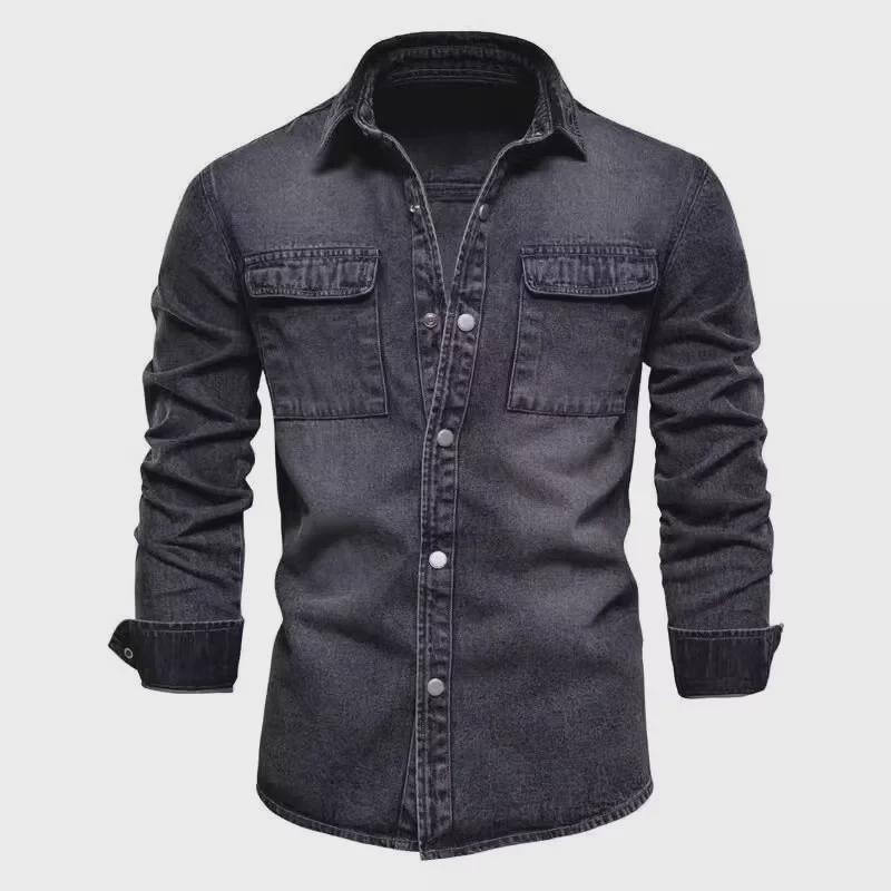 Men's 2024 Korean Style Casual Denim Shirt - Long Sleeve, Lightweight, Solid Color, Perfect for Spring and Autumn