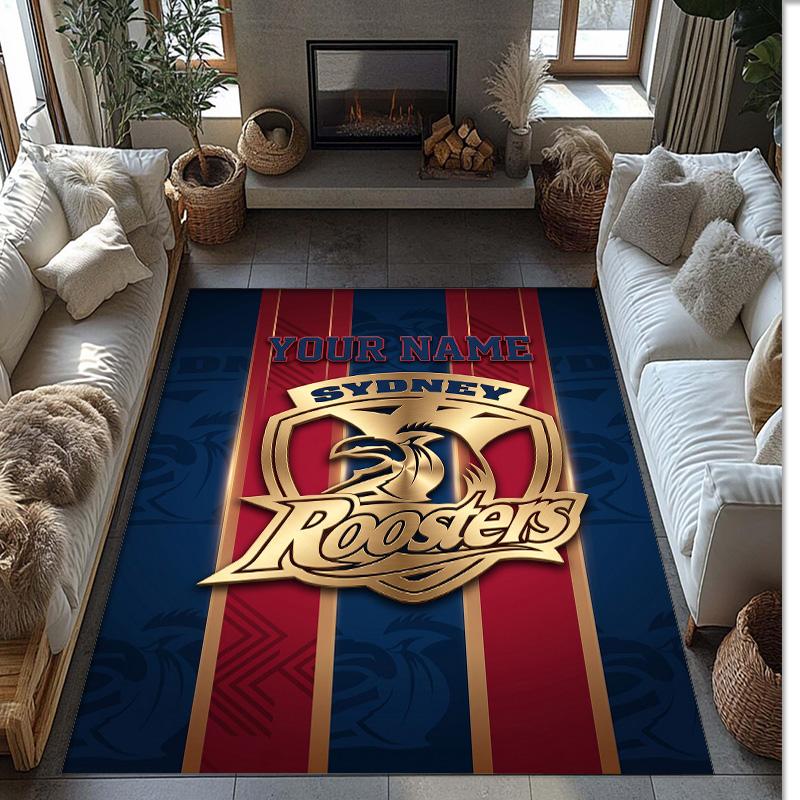 Sydney Roosters Crystal Velvet Rug, Custom Name Text Personalized Non‑Slip Floor Mat for Home Decor Gift