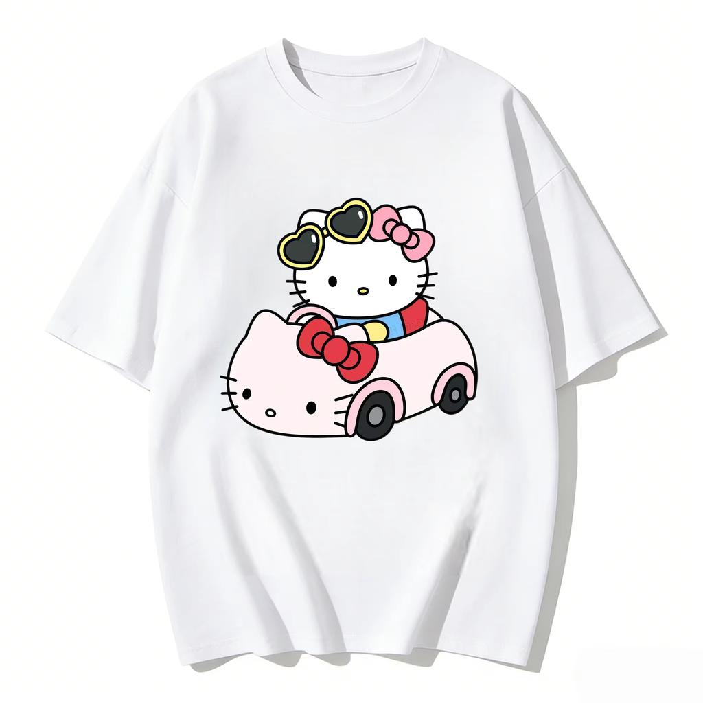 2026 новый летний милый графический топ HelloKitty повседневный хлопковый топ с коротким рукавом для женщин и девочек Каваи мультяшный принт Streetwear