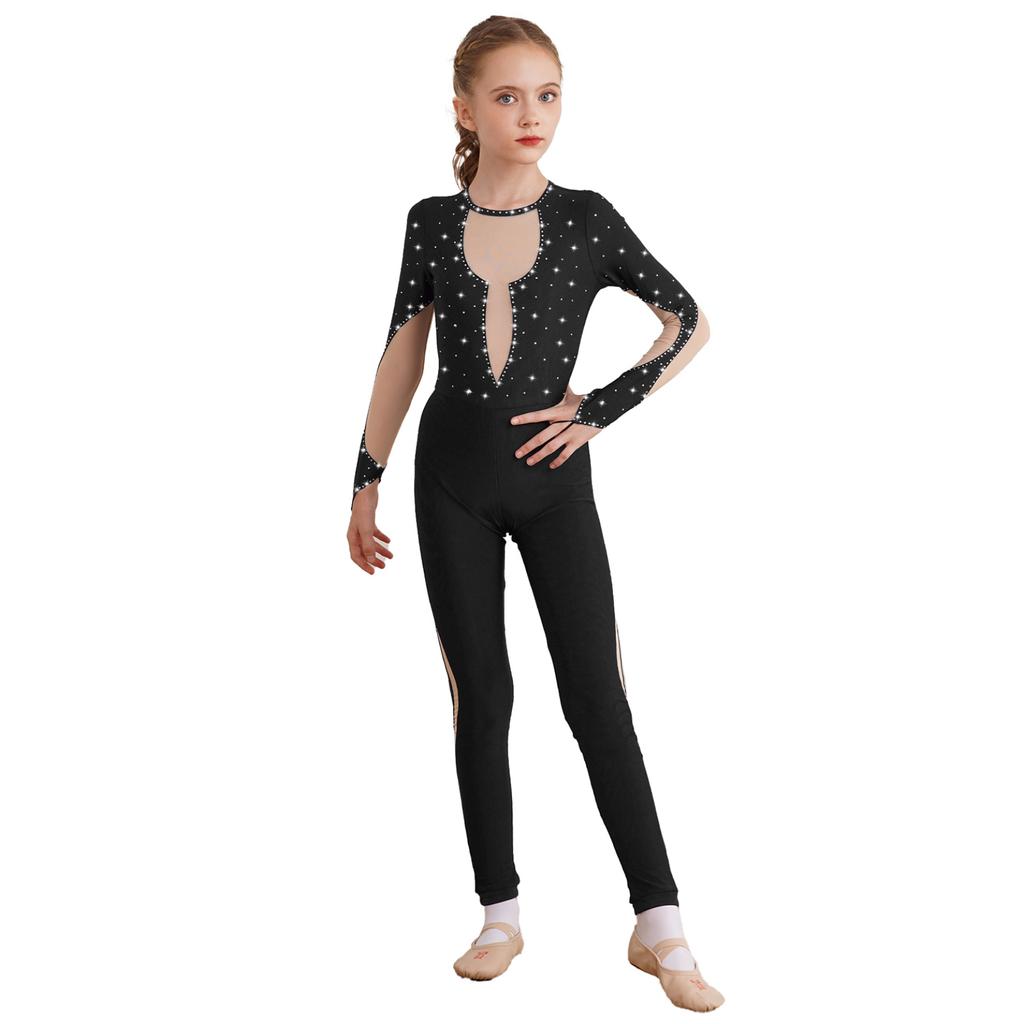 Kids Girls Shiny Gymnastics Unitard Bodysuit Long Sleeve Back Keyhole Mesh Patchwork Ice Skating Jumpsuit