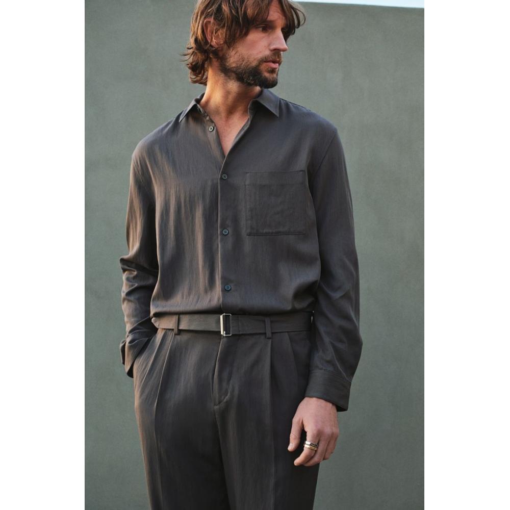 H M Belted Twill Pants Regular Fit Dark Grey