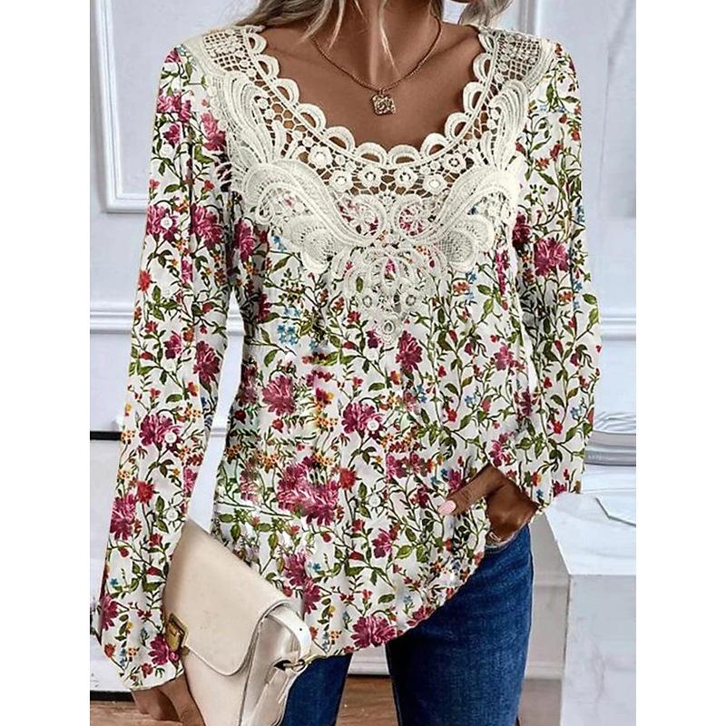 Women's T-Shirts Casual Round Neck Long Sleeved Tops Autumn Pullover Printed Multi-color Women's T-shirt with Lace Stitching