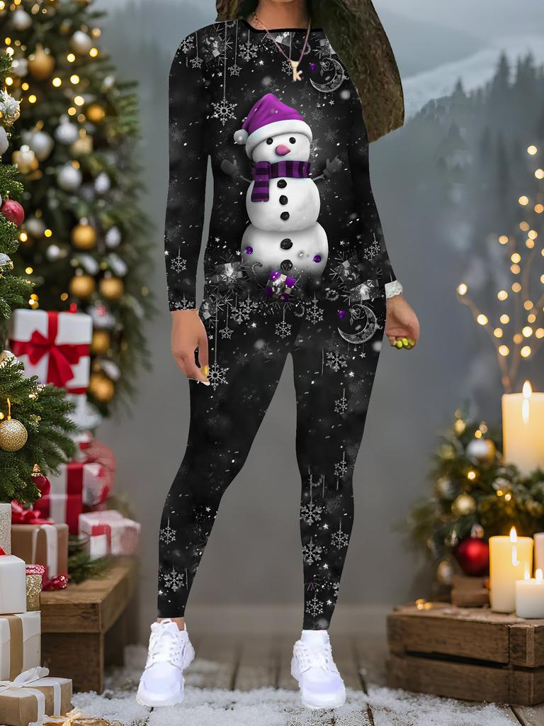 Женский рождественский костюм-двойка с принтом: Топ с длинным рукавом и круглым вырезом и брюки, праздничный лимитированный повседневный костюм для вечеринки в подарок