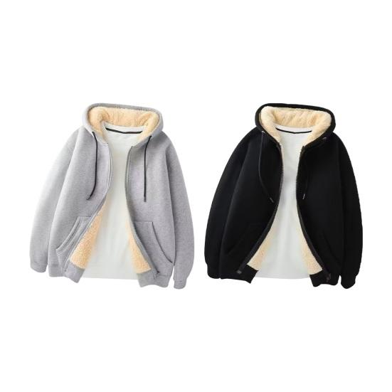 Autumn Winter Men's Fleece Hooded Jacket Winter Thickened Zipper Closure Warm Casual Solid Color Hoodie with Zipper Coat