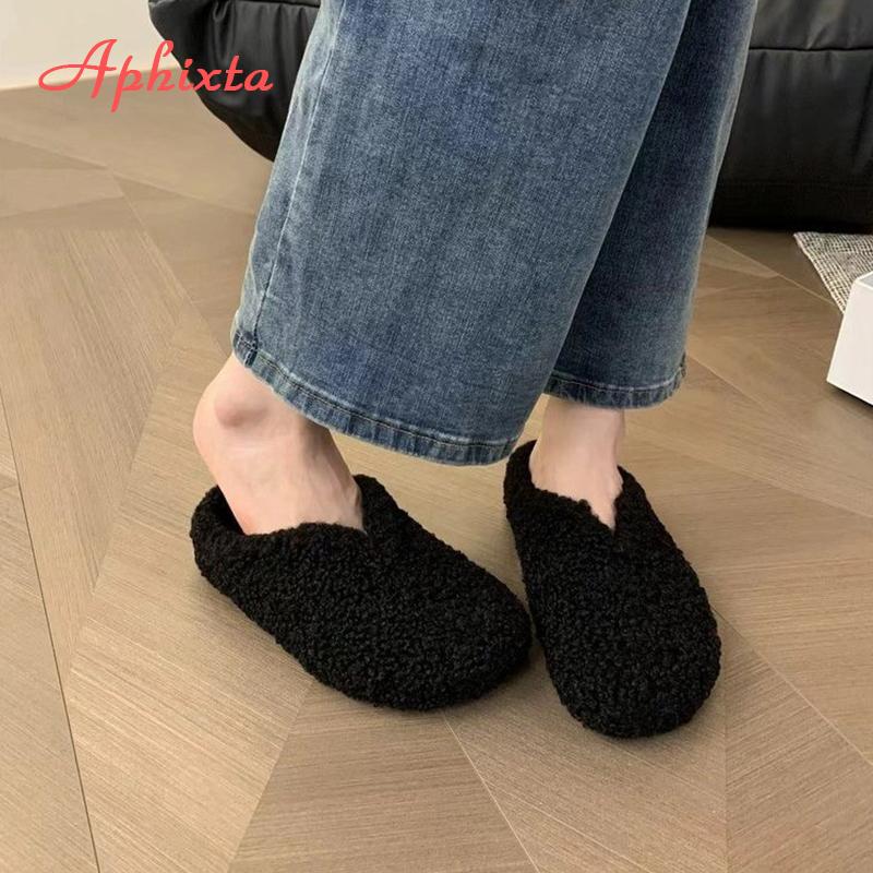 Fashion Aphixta New Warm Winter Slippers Candy Color Sweet Women Slippers Furry Round Toe Shoes Indoor Flat Heel Hair Slides