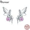 BAMOER New Trendy 100% 925 Sterling Silver Flower Fairy Pink CZ Stud Earrings
