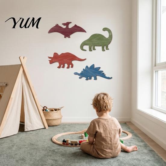 Dinosaur Wall Decor for Kids Bedroom 4Pcs/Set Wooden Room, Retro Stegosaurus Plesiosaur Animal Art Early Education And Pterosaur with Hanging