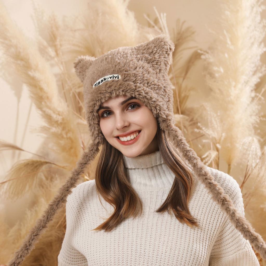 New Cute Cat Ears Warm Plush Hat Women's Autumn and Winter Fashion Lace-up Face Small Cold-proof Ear Hat