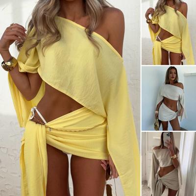 2 шт./комплект летний повседневный костюм с покатыми плечами и длинными рукавами, топы с высокой талией, мини-юбка на шнуровке, комплект с защитой от ультрафиолета, быстросохнущий наряд