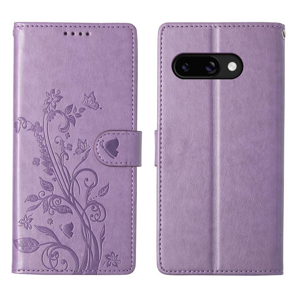 For Google Pixel 9a Wallet Case Butterfly Floral Imprint PU Leather Phone Cover with Wrist Strap