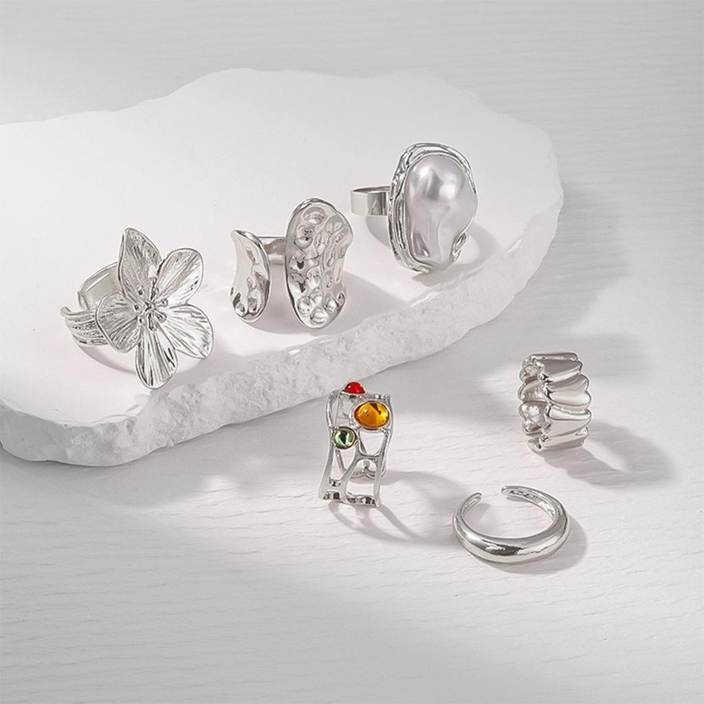 6-piece/set Women Punk Open-end Ring Flower Ring Ins Geometric Irregular Alloy Daily Party Wear Delicate Gift Personalized Ring