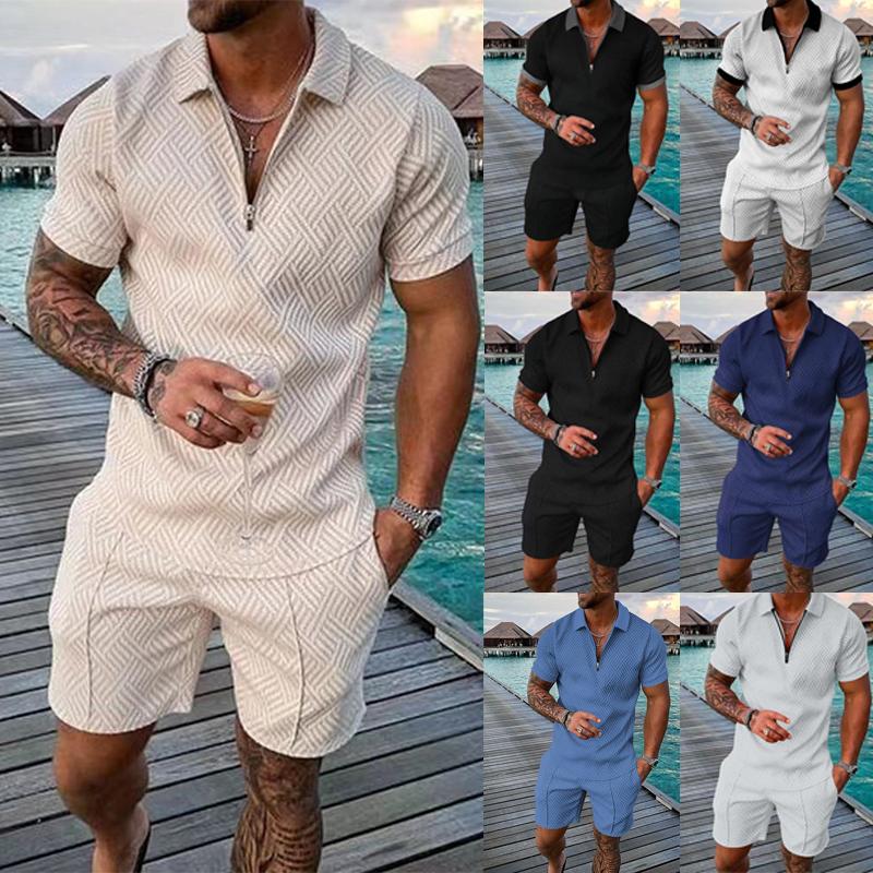 Summer Mens Outfit 2-Piece Set Short Sleeve POLO Shirts and Shorts Set T-Shirt