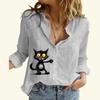 Women Fashion Cotton Linen Shirt Cat Print Long Sleeve Top Ladies Casual Buttoned Blouse