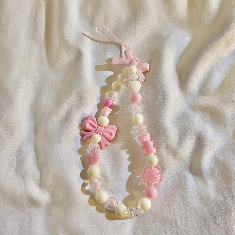 Pink Bow Beads Lanyard Anti-Lost Bracelet For Mobile Phone Case Wrist Strap Lanyard Cute Phone Keychain Portable Rope Chain