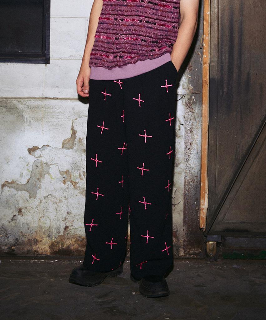 Fake Chemical Club Neon Pink Cross Embroidery Wide Pants