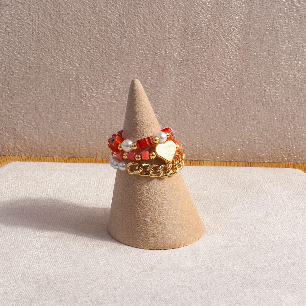 Cute Elastic Pearl Bohemia Love Heart Flower Party Jewelry Women Ring Finger Ring Set Beaded Rings