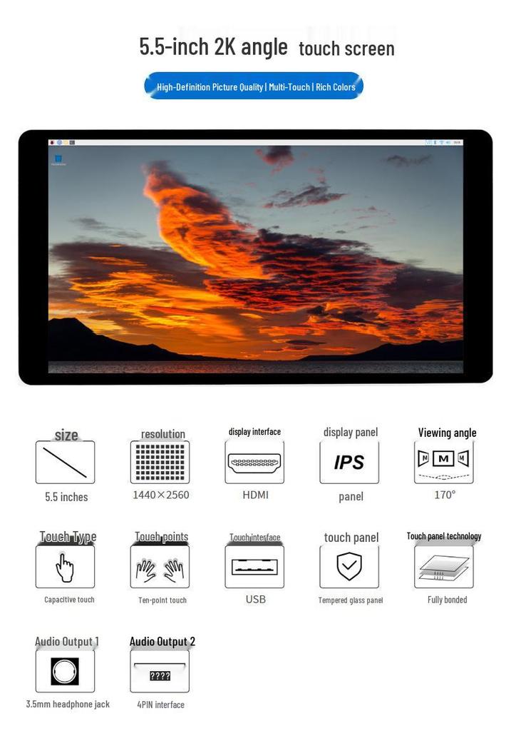 Micro-Snow 5,5-дюймовый IPS HD 2K емкостный сенсорный экран HDMI-интерфейс для Raspberry Pi.