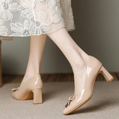 Туфли-лодочки на толстом каблуке с квадратной пряжкой, весна, новые, ретро, с открытым вырезом, квадратным носком, толстым каблуком, высоким каблуком, женские