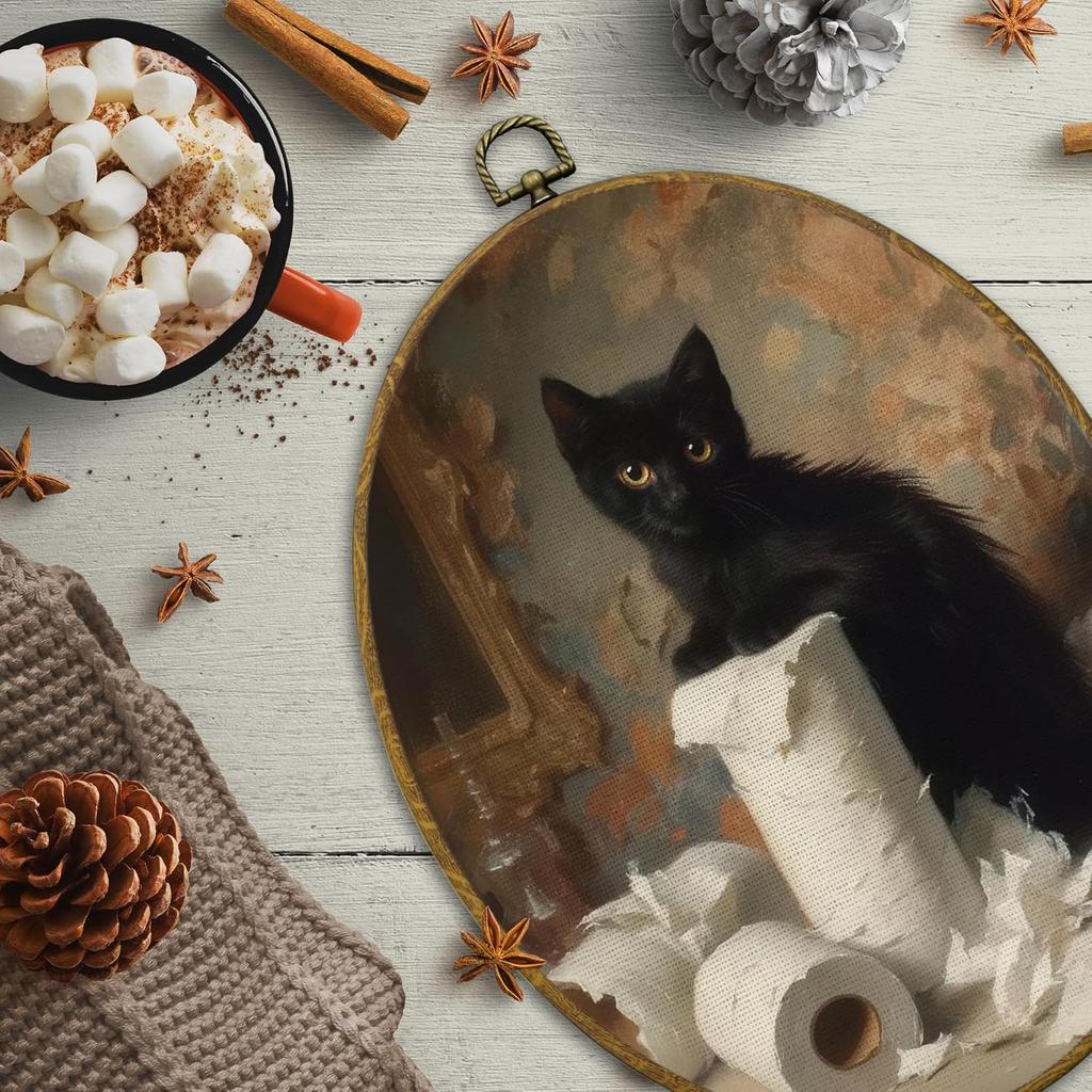 CUANFDDSF Funny Black Cat Bathroom Oval Wall Art Decor, Rustic Bathroom Wall Hanging Decor, Moody Rustic Farmhouse Kitten Framed Canvas Prints for