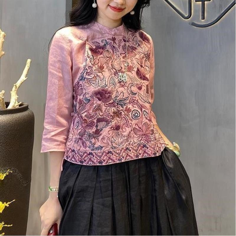 Летние новые топы в китайском стиле винтажные с круглым вырезом, пуговицами, вышивкой, свободного кроя, асимметричные, с рукавами 3/4 женские
