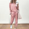 2 Pcs/Set Women Top Pants Suit Crew Neck Long Sleeves Solid Color Sleepwear Sport Sweatshirt Drawstring Elastic Waist Trousers Fitness Outfit