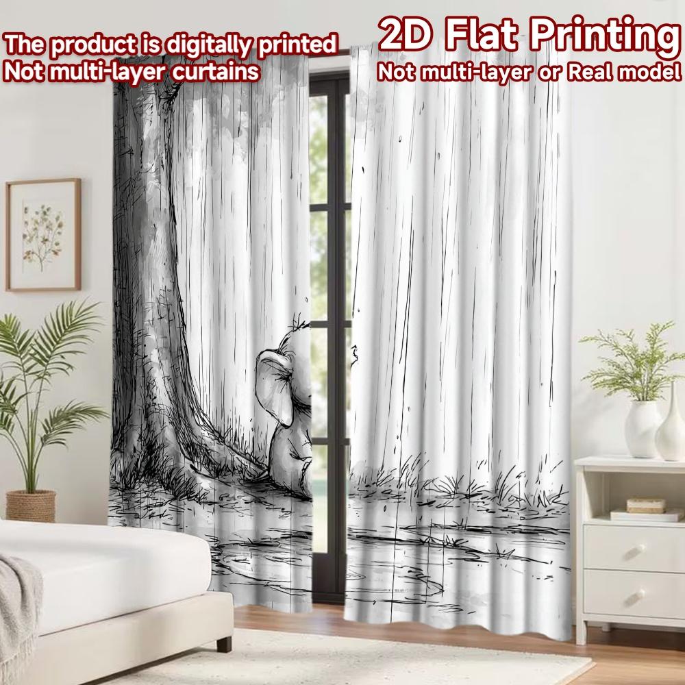 2D flat printing 2pcs Curtain Window Curtains Little Elephant in Rain Digital Printed Polyester Drapes Family Party Perfect for